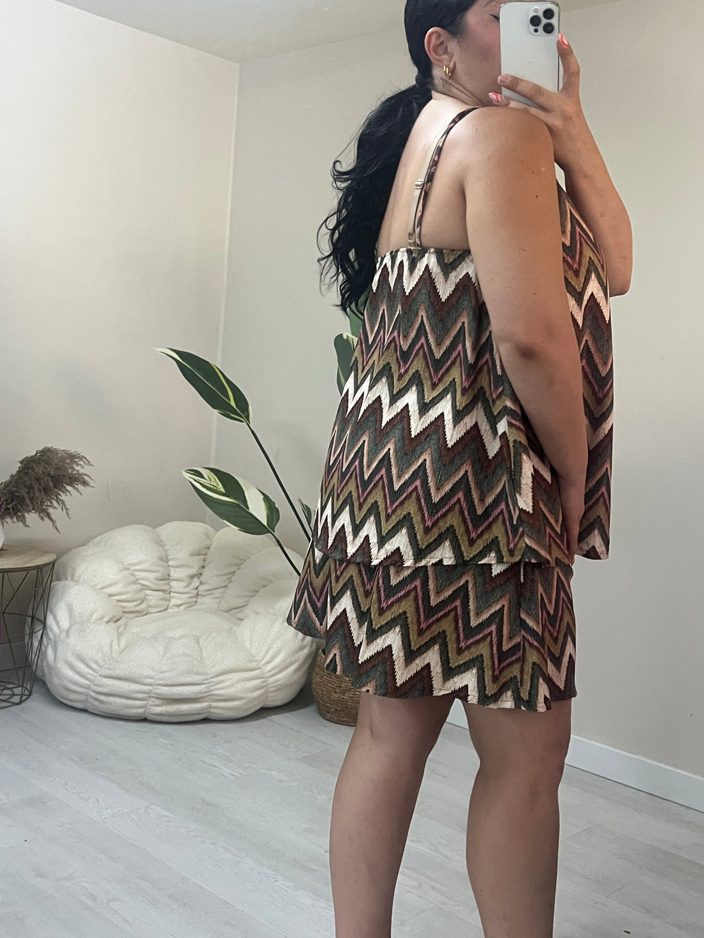 Σετ τιραντέ top & σορτς με λάστιχο - Zig Zag Print (χακί, μπεζ, ροζ, καφέ)