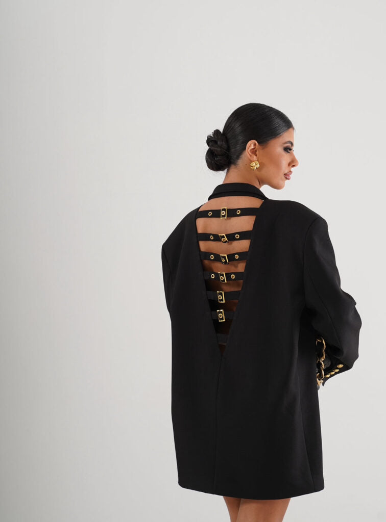 Oversized σακάκι με διακοσμητικά λουριά με χρυσές αγκράφες - Μαύρο