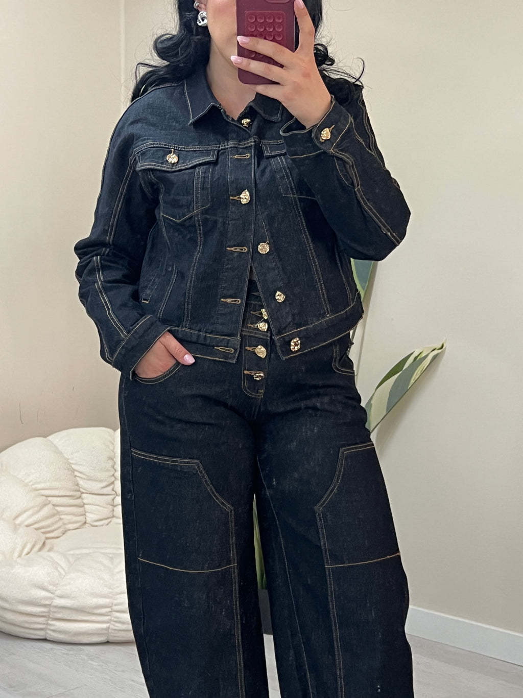 Denim set jacket με χρυσά κουμπιά και ψηλόμεσο παντελόνι