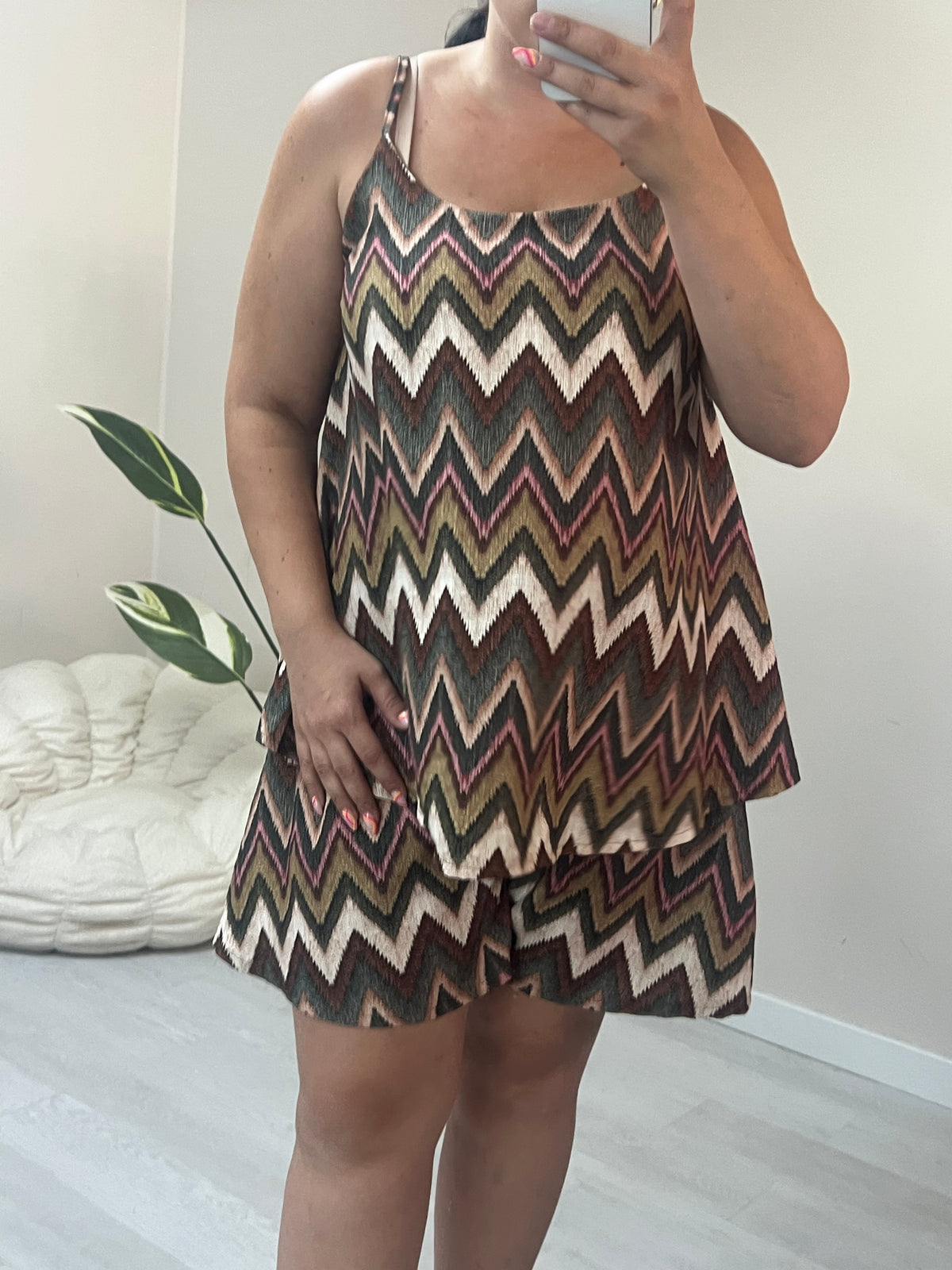 Σετ τιραντέ top & σορτς με λάστιχο - Zig Zag Print (χακί, μπεζ, ροζ, καφέ)