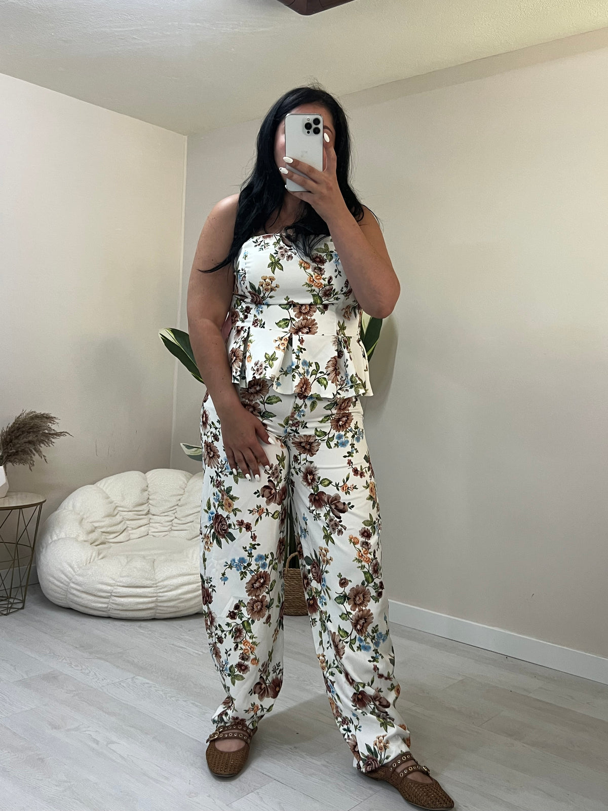 Floral σετ balloon παντελόνι και στράπλες peplum top - Λευκό με καφέ