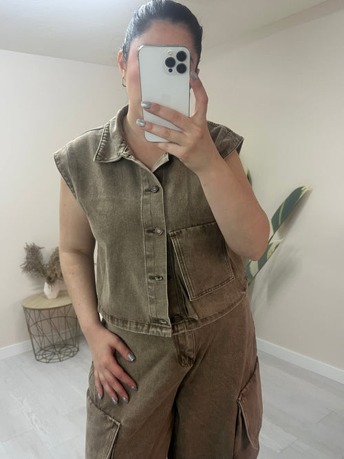 Denim πετροπλυμένο set cargo παντελόνι και γιλέκο