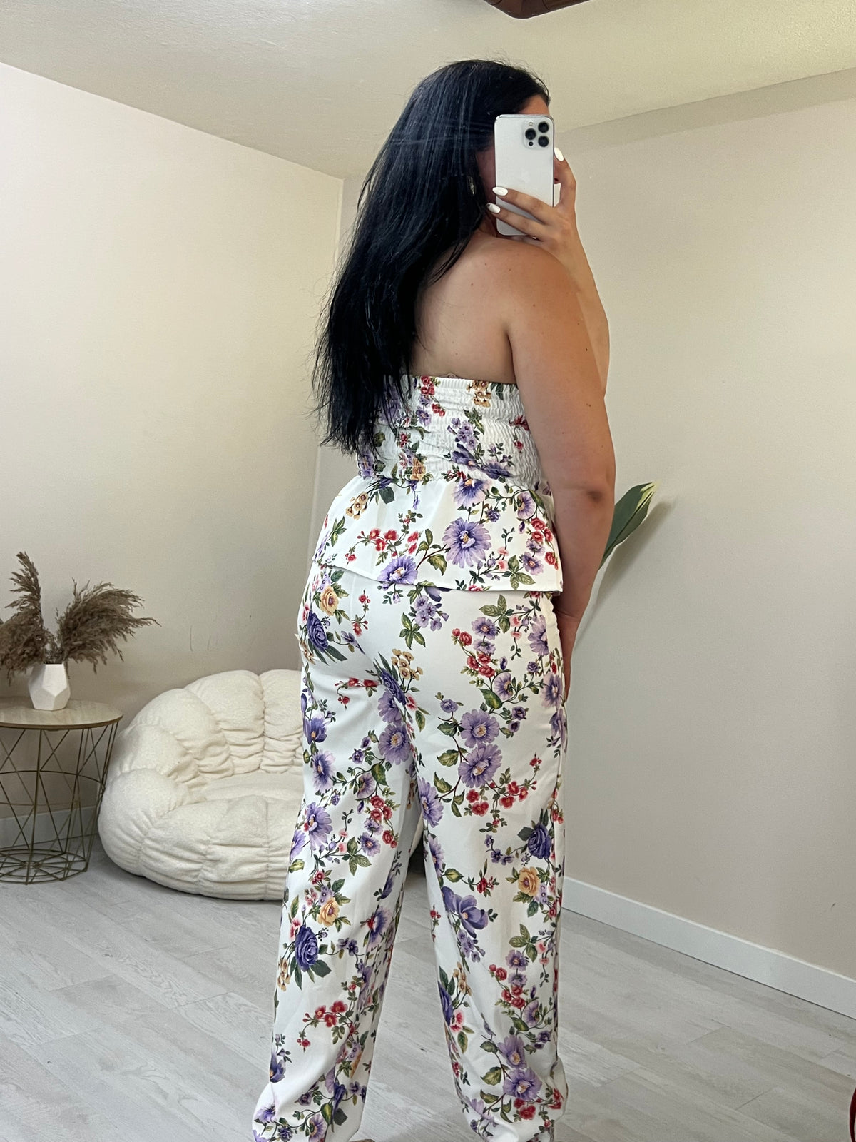Floral σετ balloon παντελόνι και στράπλες peplum top - Λευκό με μωβ