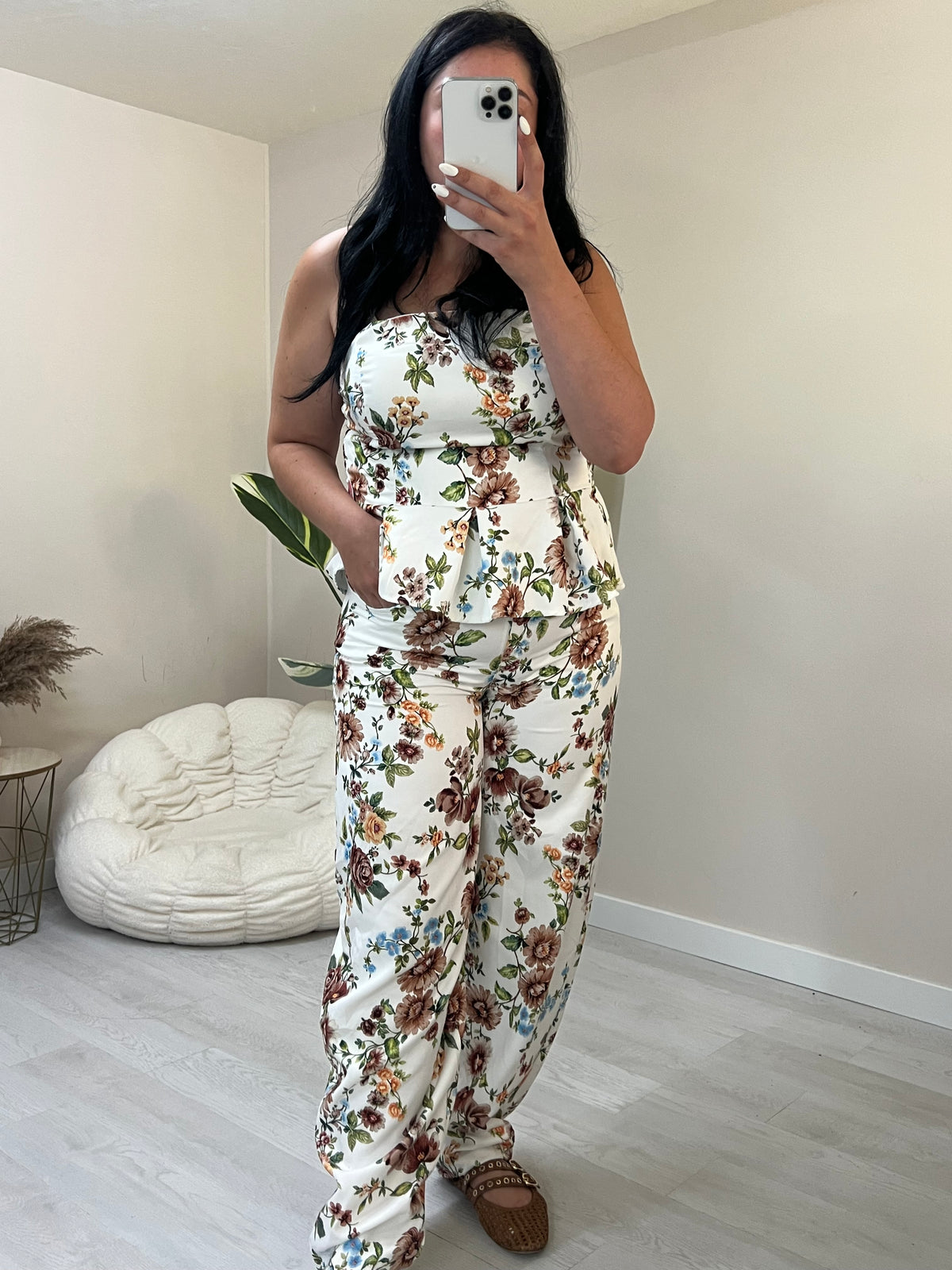 Floral σετ balloon παντελόνι και στράπλες peplum top - Λευκό με καφέ