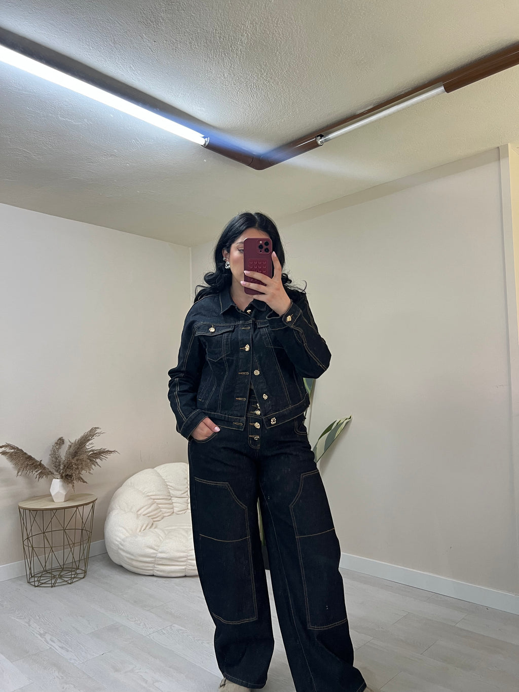 Denim set jacket με χρυσά κουμπιά και ψηλόμεσο παντελόνι